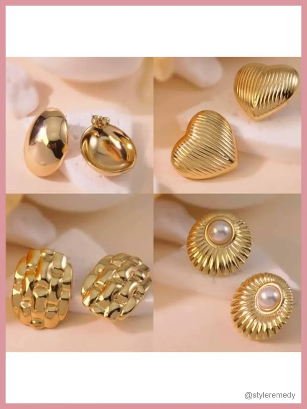 4 Pairs Gold Puffy Heart Chunky Stud Statement Earrings Women Gift Set with